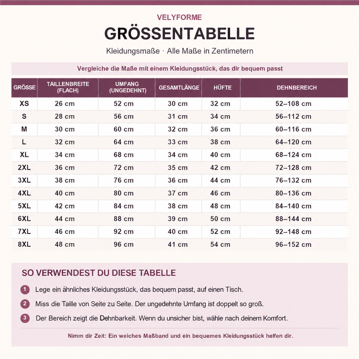 Velyforme Größentabelle von XS bis 8XL – alle Maße in Zentimetern.