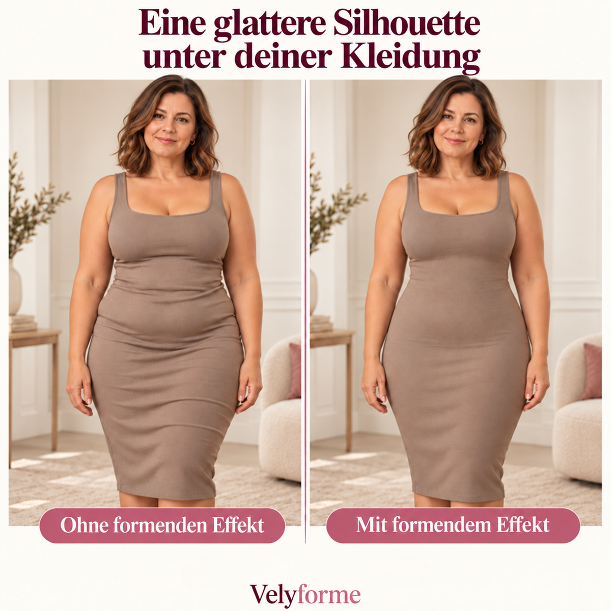 Velyforme unter einem Kleid: Vergleich ohne und mit formendem Effekt.